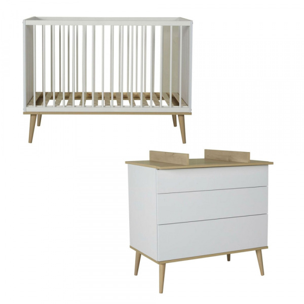 Chambre duo lit bébé 60x120 cm + commode avec plan à langer flow white & oak Quax