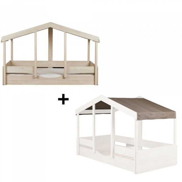 Pack lit cabane évolutif 90x200 cm avec toit chocolat cottage Quax