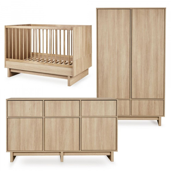 Chambre bébé trio kyo lit 70 x 120 cm + commode xl + armoire honey ash Quax