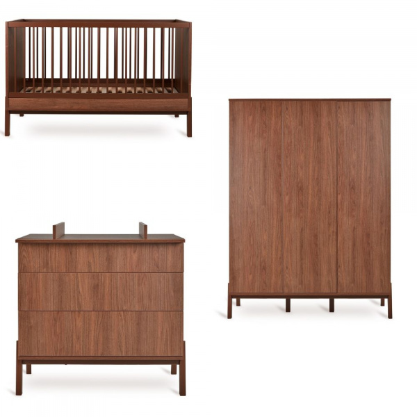 Chambre trio lit bébé 70x140cm ashi chataignier+commode 3 tiroirs ashi chataignier avec plan à langer+armoire 3 portes ashi chataignier Quax