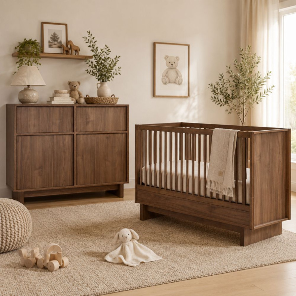Chambre duo kyo lit bébé évolutif 70 x 120 cm + commode avec plan à langer - walnut Quax