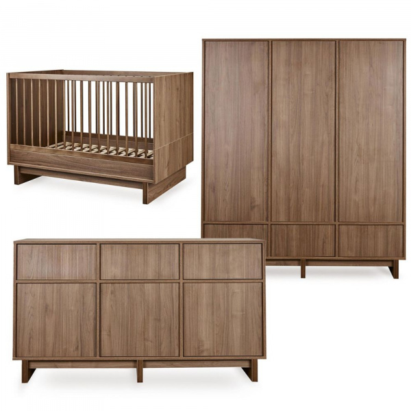Chambre bébé trio kyo lit 70 x 120 cm + commode xl + armoire xl walnut Quax