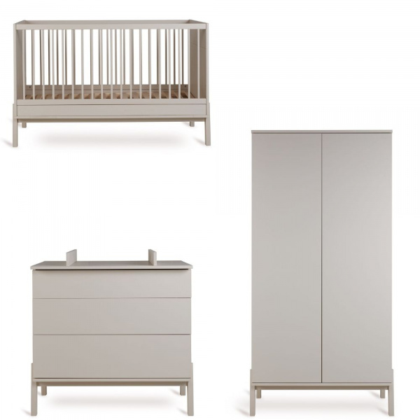 Chambre trio lit bébé 70x140 cm ashi argile+commode 3 tiroirs ashi argile avec plan à langer+armoire 2 portes ashi argile Quax