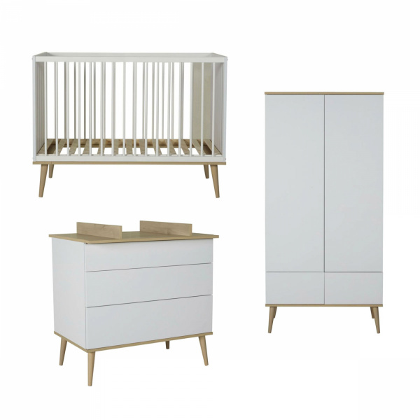 Chambre duo lit bébé 60x120 cm + commode avec plan à langer flow white & oak Quax