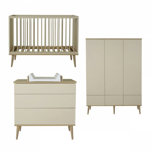 Chambre trio lit bébé 60x120 cm + armoire xl + commode avec plan à langer flow argile & oak Quax