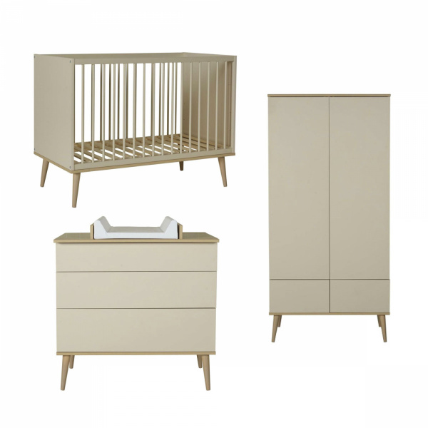 Chambre trio lit bébé 60x120 cm + armoire + commode avec plan à langer flow argile & oak Quax