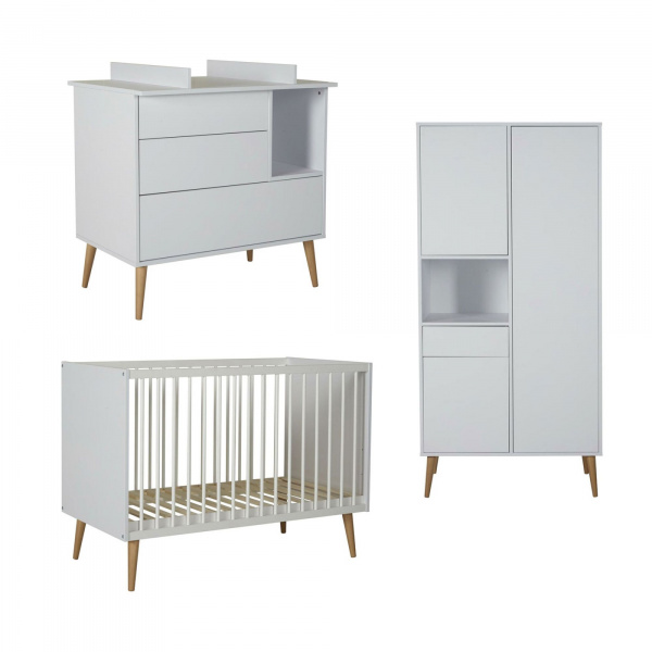 Chambre trio lit bébé 60x120 cm + armoire + commode avec plan à langer cocoon ice white Quax