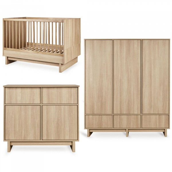 Chambre bébé trio kyo lit 70 x 120 cm + commode + armoire xl honey ash Quax
