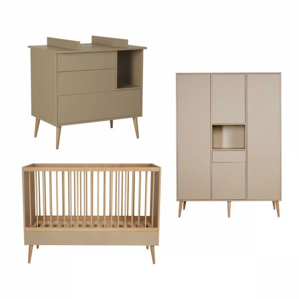 Chambre trio lit bébé 70x140 cm évolutif en lit enfant + armoire xl + commode avec plan à langer cocoon latte marque : quax Quax