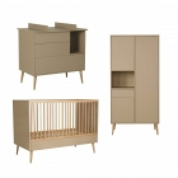 Chambre trio lit bébé 70x140 cm évolutif en lit enfant + armoire + commode avec plan à langer cocoon latte Quax
