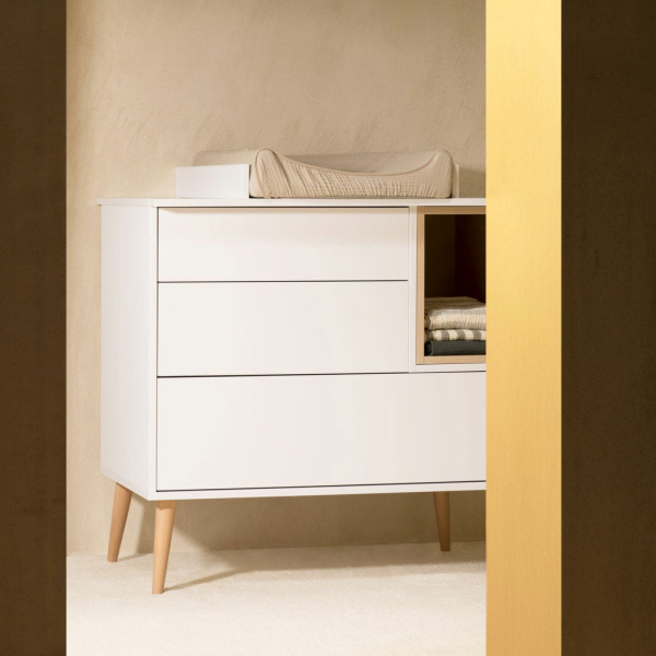 Chambre trio lit bébé 70x140 cm évolutif en lit enfant + armoire xl + commode avec plan à langer cocoon ice white Quax