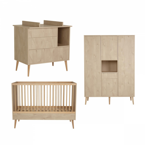 Chambre trio lit bébé 70x140 cm évolutif en lit enfant + armoire xl + commode avec plan à langer cocoon natural oak Quax