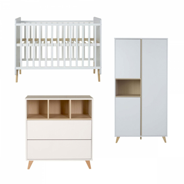 Chambre trio lit bébé 60x120 cm + armoire + commode avec plan à langer loft white Quax