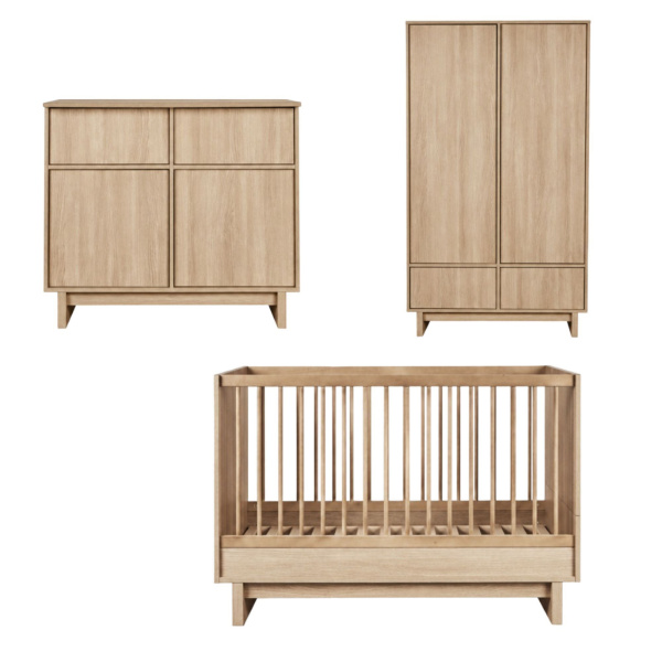 Chambre trio kyo lit bébé évolutif 70 x 120 cm + armoire + commode avec plan à langer - honey ash Quax
