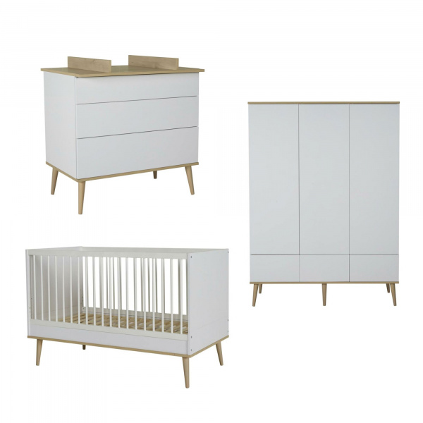 Chambre duo lit bébé 60x120 cm + commode avec plan à langer flow white & oak Quax