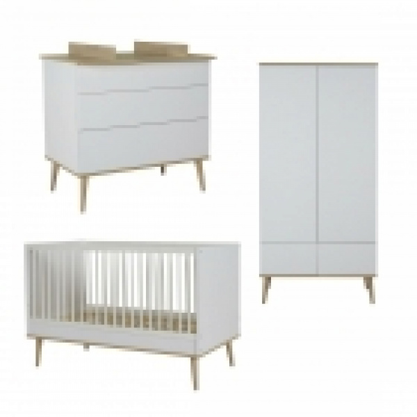 Chambre duo lit bébé 60x120 cm + commode avec plan à langer flow white & oak Quax
