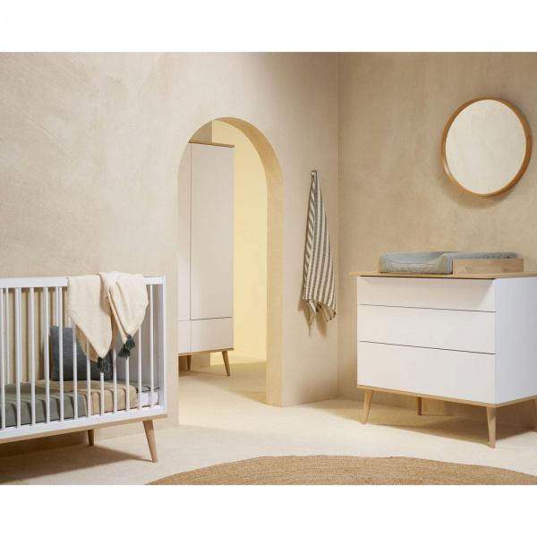 Chambre duo lit bébé 60x120 cm + commode avec plan à langer flow white & oak Quax