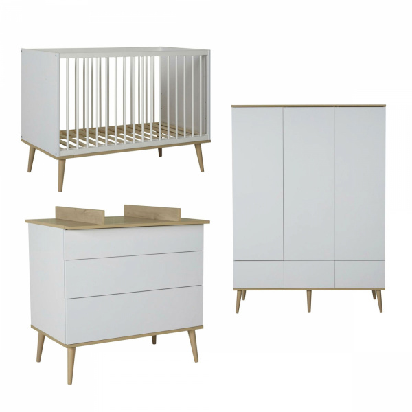 Chambre duo lit bébé 60x120 cm + commode avec plan à langer flow white & oak Quax