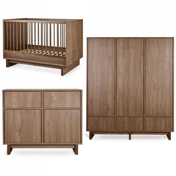 Chambre bébé trio kyo lit 70 x 120 cm + commode + armoire xl walnut Quax