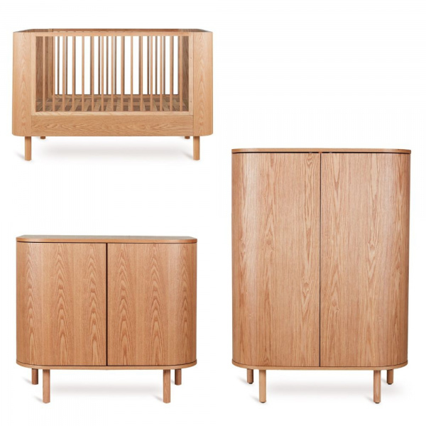 Chambre trio lit bébé 70x140 cm évolutif en canapé yume natural ash + commode 2 portes yume naturel ash wood avec plan à langer+ armoire 2 portes yume Quax