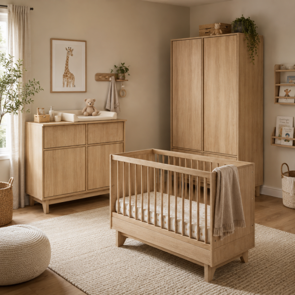 Chambre trio kyo lit bébé évolutif 70 x 140 cm + armoire + commode avec plan à langer - honey ash Quax