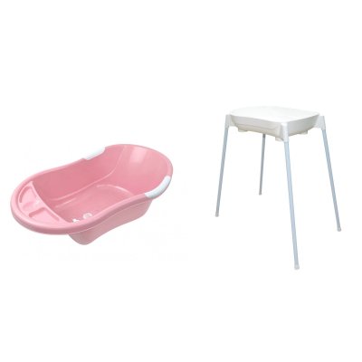 Baignoire bébé rose avec vidange + support de baignoire
