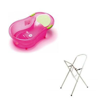 Baignoire 0-6 mois rose pailletée translucide avec transat intégré + petit support de baignoire