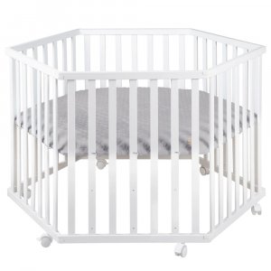 Parc bébé hexagonal sur roulettes bois blanc et tapis de parc gris Roba