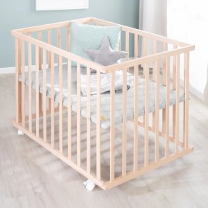 Parc bébé 75 x 100 cm naturel et tapis de parc gris Roba