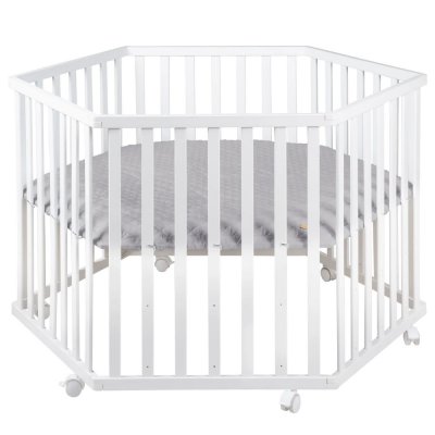 Parc bébé hexagonal sur roulettes bois blanc et tapis de parc gris