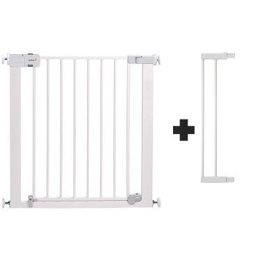 Barrière enfant 73–80 cm + extension 14 cm pour atteindre 94 cm, métal, auto close, fixation pression à 4 points, blanc