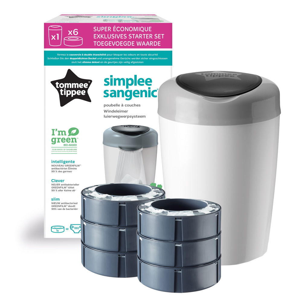 Tommee Tippee Poubelle à couches Sangenic Simplee 6 recharges blanc/gris