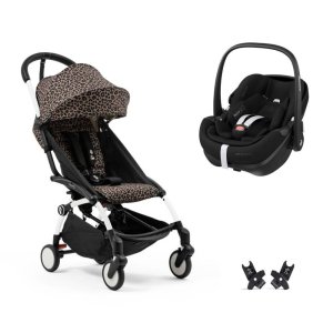 Poussette duo yoyo 3 pack 6+ et siège auto pebble 360 pro² black - chassis blanc - leopard Stokke