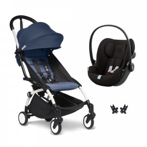 Poussette duo yoyo 3 pack 6+ et siège auto cloud g black - chassis blanc - bleu air france Stokke