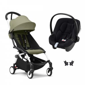 Poussette duo yoyo 3 pack 6+ et siège auto aton b2 black - chassis blanc - olive Stokke
