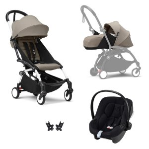 Poussette trio yoyo 3 pack 0+ & 6+ et siège auto aton b2 black - châssis blanc - taupe Stokke