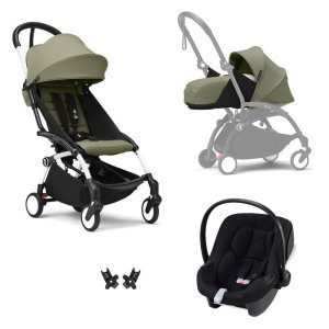 Poussette trio yoyo 3 pack 0+ & 6+ et siège auto aton b2 black - châssis blanc - olive Stokke
