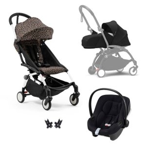 Poussette trio yoyo 3 pack 0+ & 6+ et siège auto aton b2 black - châssis blanc - leopard / noir Stokke