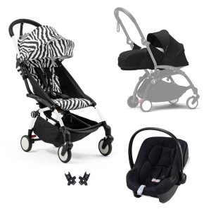 Poussette trio yoyo 3 pack 0+ & 6+ et siège auto aton b2 black - châssis blanc - zebra / noir Stokke