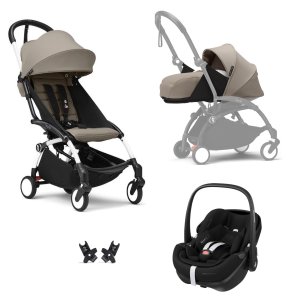 Poussette trio yoyo 3 pack 0+ et 6+ + siège auto pebble 360 pro² black - châssis blanc - taupe Stokke