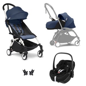 Poussette trio yoyo 3 pack 0+ et 6+ + siège auto pebble 360 pro² black - châssis blanc - bleu air france Stokke