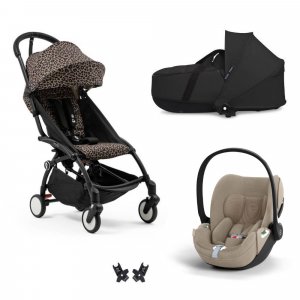 Poussette trio yoyo 3 pack 6+ + siège auto cloud t plus beige + nacelle yoyo - châssis noir - léopard / noir Stokke