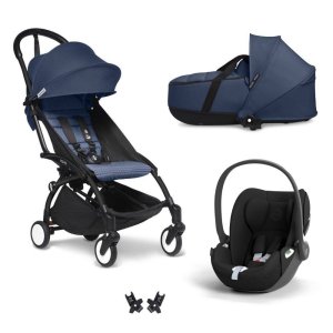 Poussette trio yoyo 3 + siège auto cloud t black + nacelle - châssis noir - bleu air france Stokke