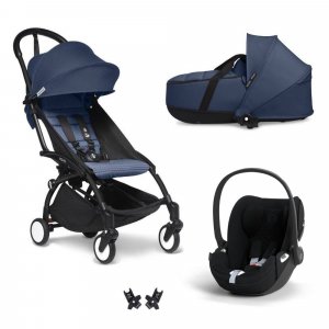 Poussette trio yoyo 3 pack 6+ + siège auto cloud t plus black + nacelle yoyo - châssis noir - bleu air france Stokke