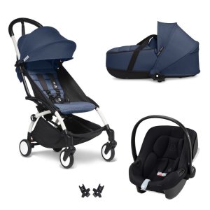 Poussette trio yoyo 3 pack 6+ et siège auto aton b2 black + nacelle yoyo - chassis blanc - bleu air france Stokke
