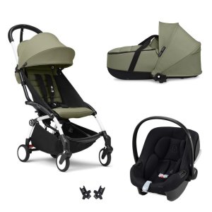 Poussette trio yoyo 3 pack 6+ et siège auto aton b2 black + nacelle yoyo - chassis blanc - olive Stokke
