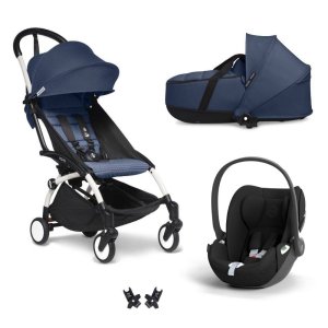 Poussette trio yoyo 3 + siège auto cloud t black + nacelle - châssis blanc - bleu air france Stokke