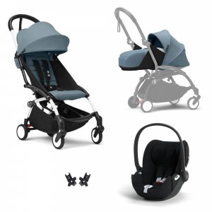 Poussette trio yoyo 3 pack 0+ & 6+ + siège auto cloud t plus black - châssis blanc - aqua Stokke