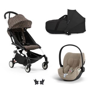 Poussette trio yoyo 3 pack 6+ + siège auto cloud t plus beige + nacelle yoyo - châssis blanc - léopard / noir Stokke