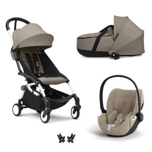 Poussette trio yoyo 3 pack 6+ + siège auto cloud t plus beige + nacelle yoyo - châssis blanc - taupe Stokke